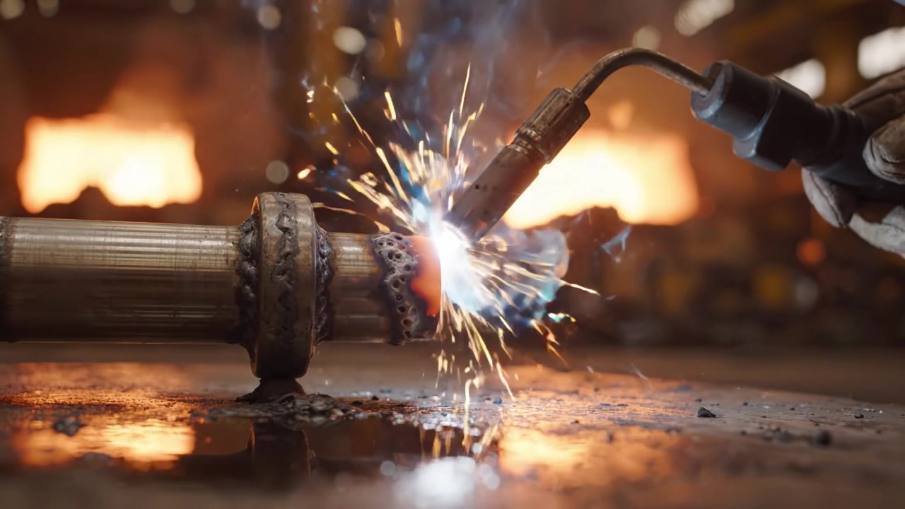 Precision Welding Process Showing Sparks and Heat Generated from Torch on Metal Pipeline in Industrial Workshop Environment with Warm Background Light