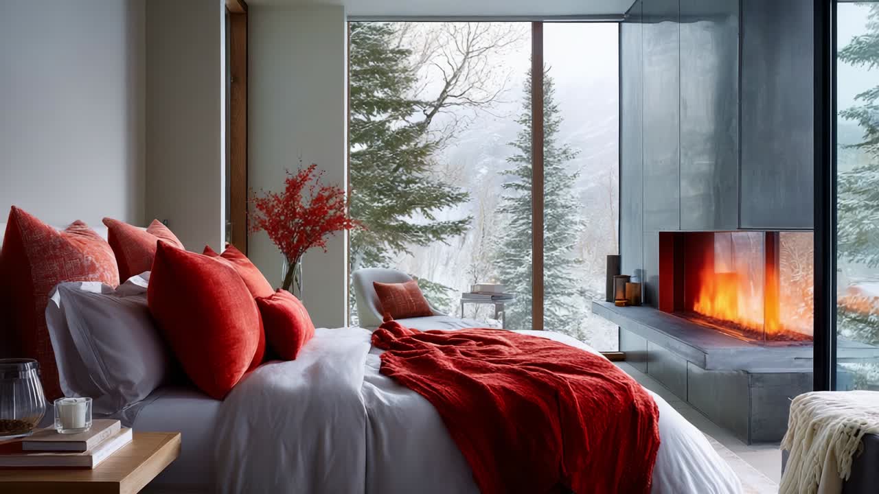 A Cozy and Inviting Winter Retreat: The Perfect Bedroom with a Modern Fireplace and Serene Views of Snowy Pine Trees, Highlighted by Plush Textiles and Warm Colors That Invite Relaxation