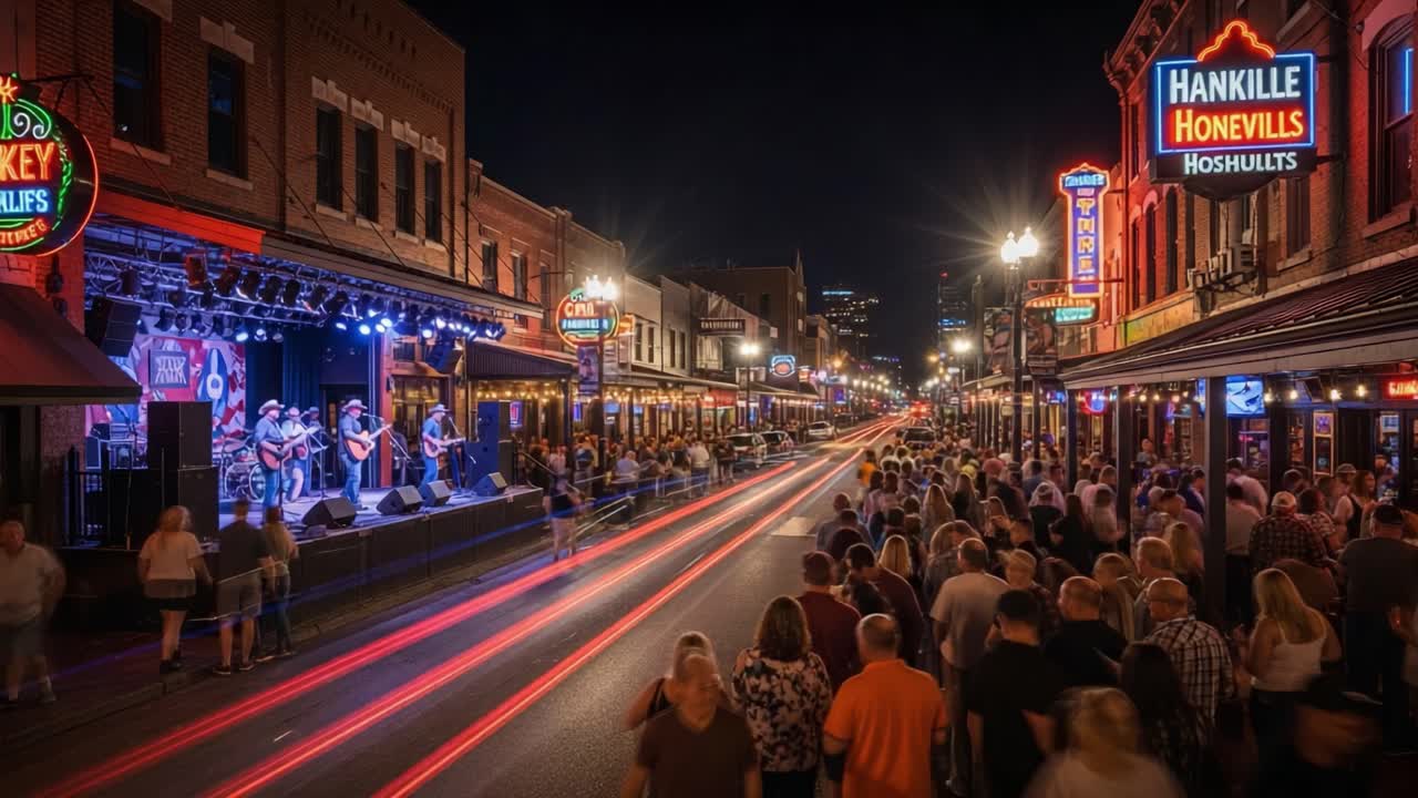 Vibrant Nightlife and Live Music on a Bustling City Street