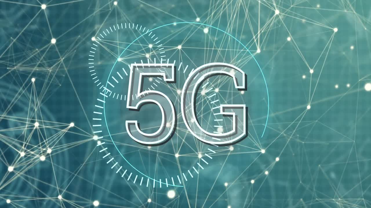 5g escrito en el medio de unos círculos futuristas y líneas asimétricas