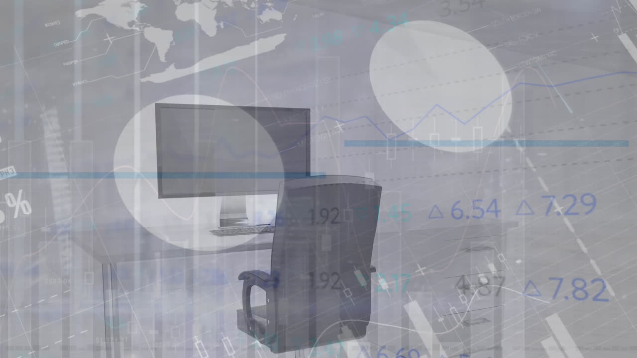 컴퓨터로 오피스 데스크에서 금융 데이터 처리의 애니메이션