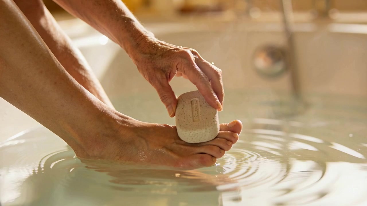 La mano destra di una donna entra tenendo una pietra pomice, strofinando il piede sinistro sul bordo della vasca da bagno, esfoliando la pelle.