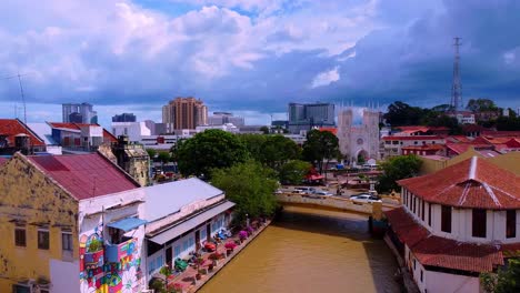 Aerial-shot-of-colorful-malaysian-city-with-river-in-middle-of-town,wide-shot