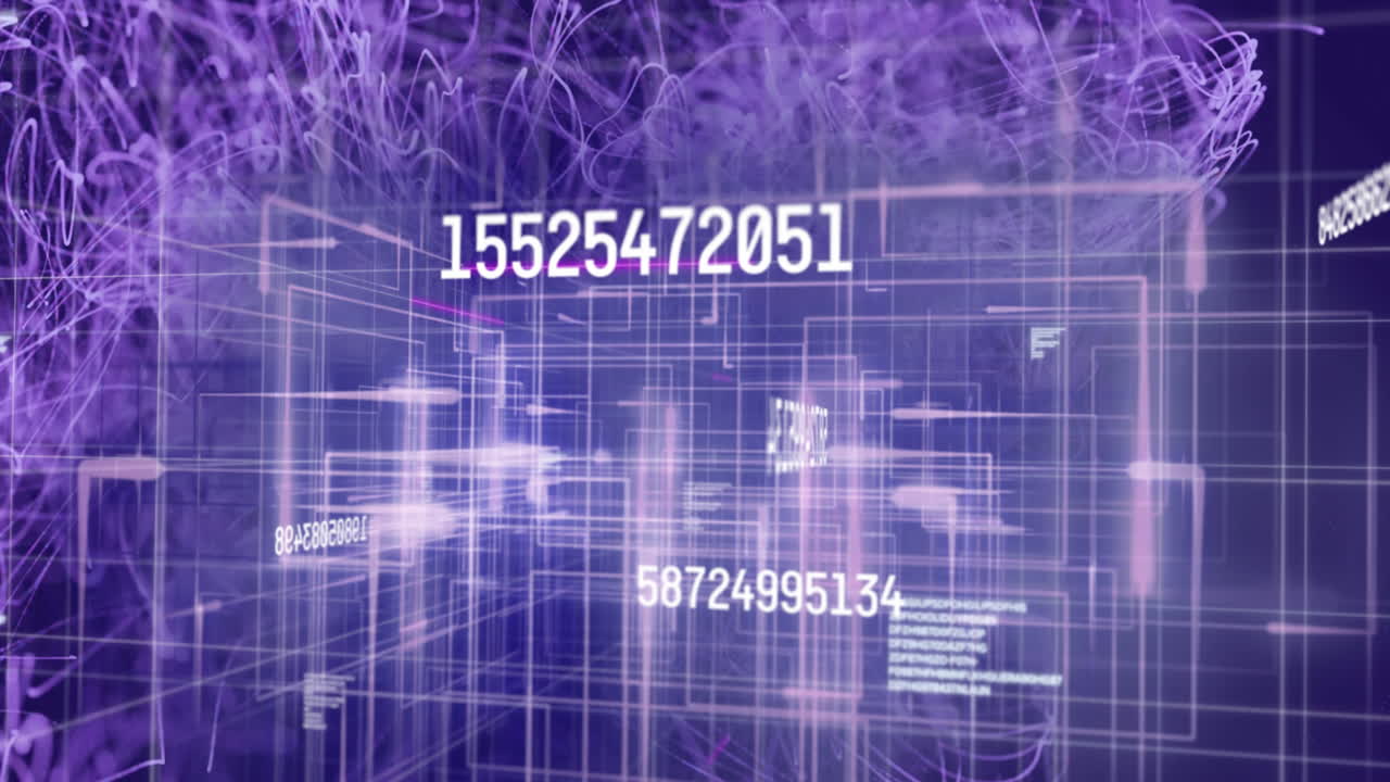 Animation of numbers changing and data processing over explosion of purple light trails