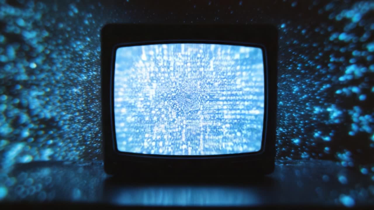 Un viaggio attraverso i mondi digitali: accattivanti immagini cosmiche emergono da un vecchio televisore, circondate da un'eterea dispersione blu di motivi pixelati.