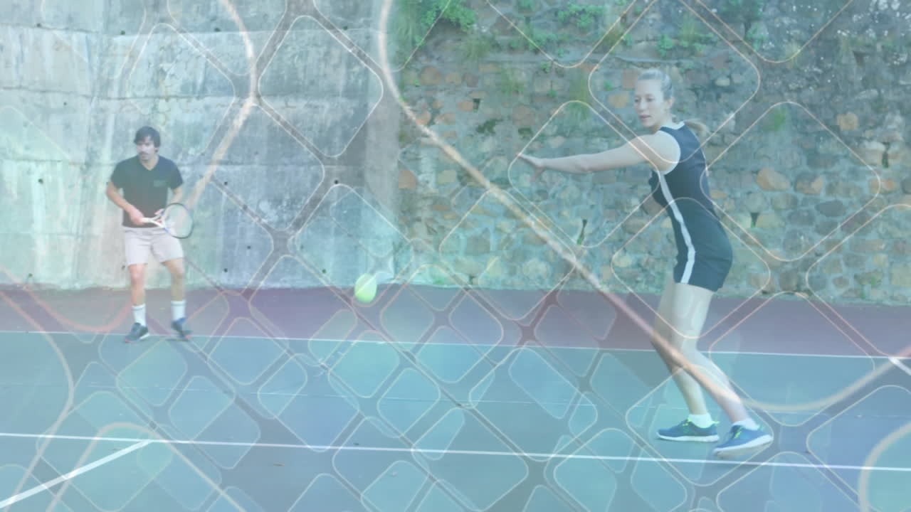 male and female opponents swinging rackets on outdoor tennis court with health chart overlay