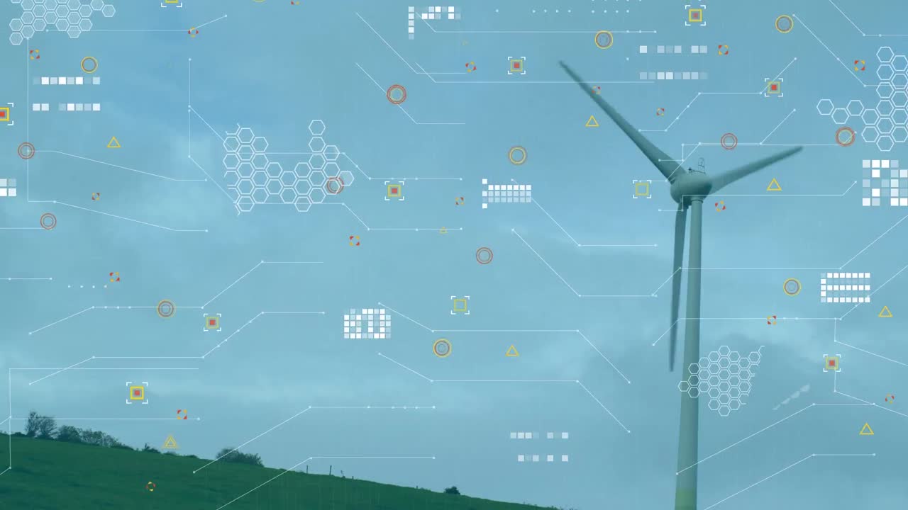 풍력 공장 위의 데이터 처리 애니메이션