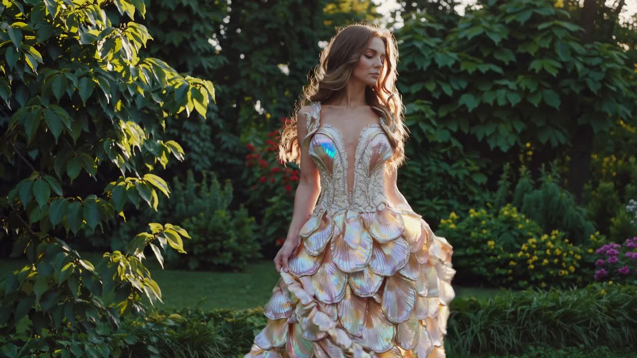 Young woman with long wavy hair wearing an elegant shell shaped dress is posing in a beautiful garden at sunset, creating a magical and glamorous atmosphere