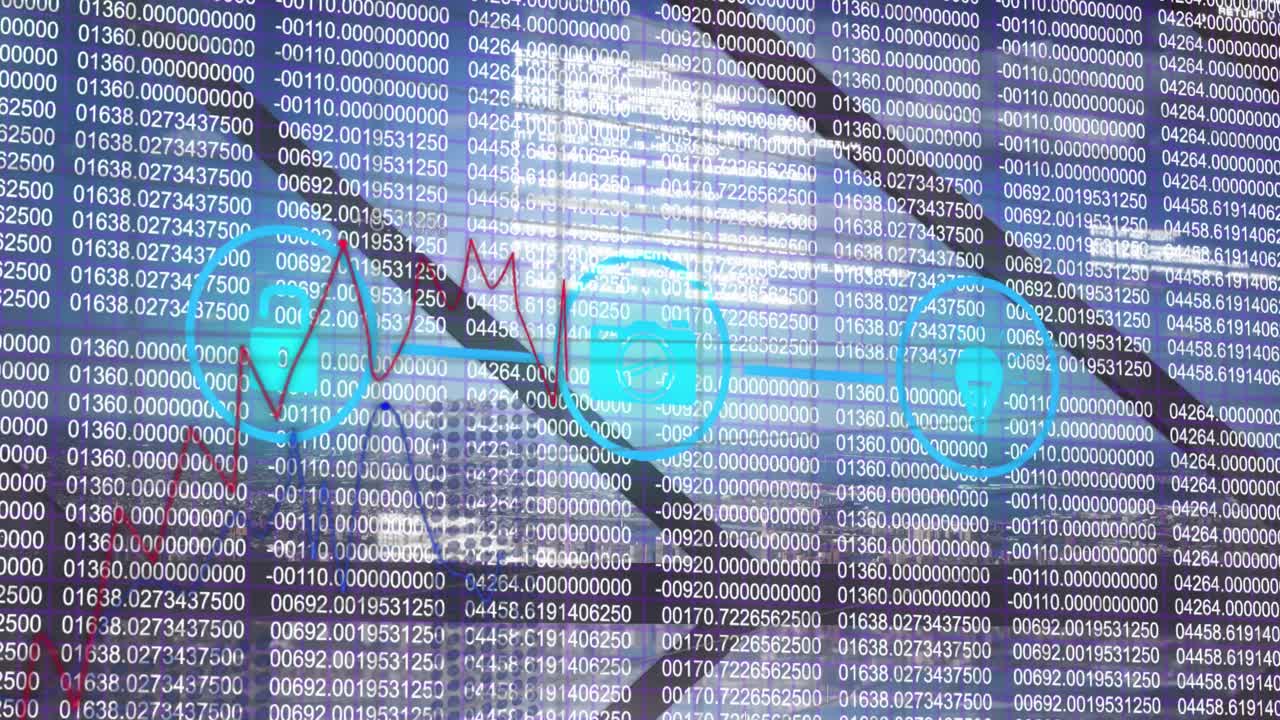animación del procesamiento de datos financieros y red de conexiones con iconos sobre el paisaje urbano