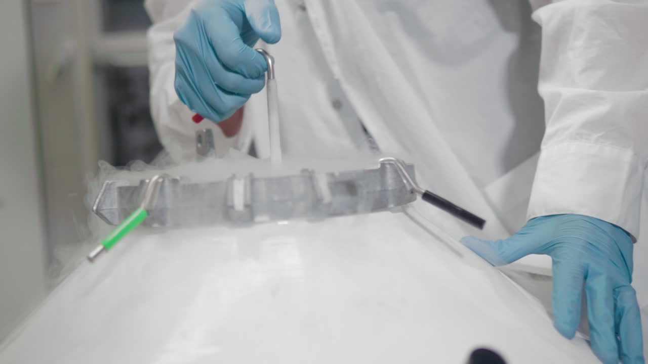 Scientist removing the container from the stem cell Bank, frozen stem cells