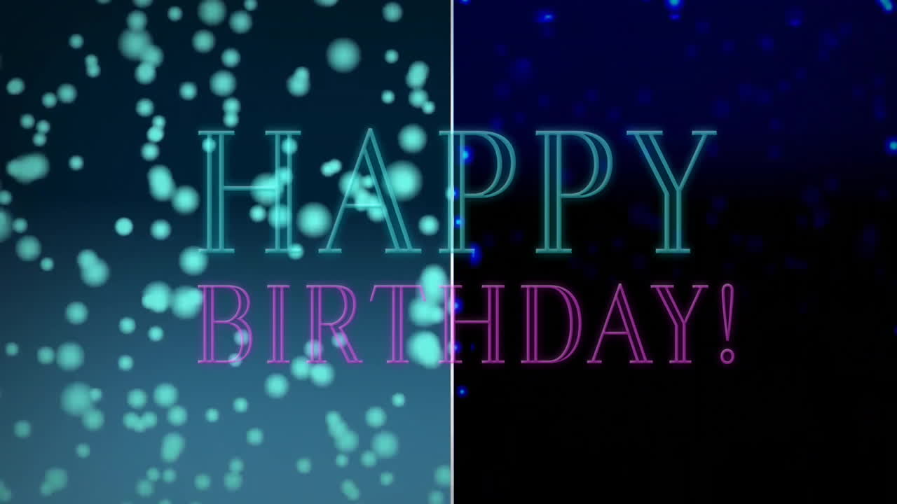 animación de texto de feliz cumpleaños sobre fondo bokeh azul y púrpura