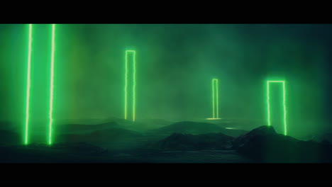 rocky landscape with huge green light portal structures