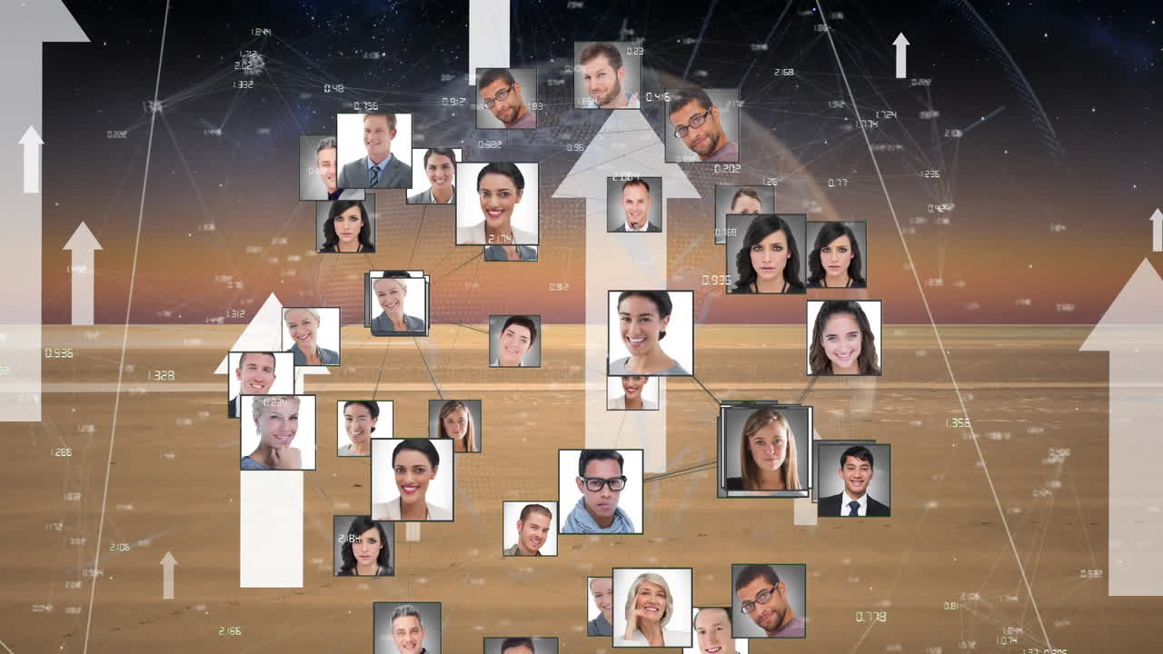 사람 의 사진 과 화살표 가 위 를 가리키는 지구 를 회전 시키는 사람 들 의 네트워크 의 애니메이션