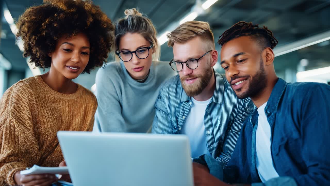 A Diverse Group of Friends Collaborating Around a Laptop, Engaged in a Productive Discussion and Sharing Ideas in a Modern Workspace Setting