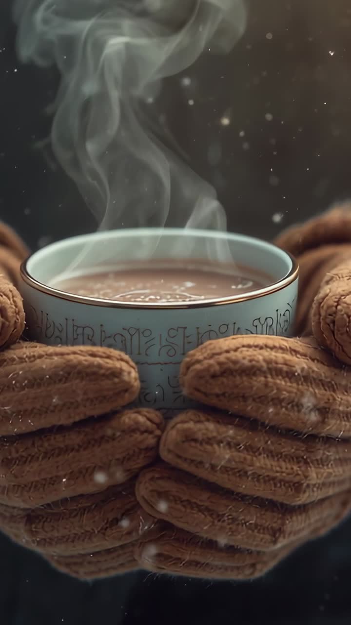 Vertical video: Hands in gloves appearing on snowy deck cradling mug to warm hands as steam rises
