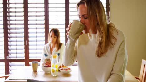 Woman-using-laptop-while-her-partner-having-coffee-on-background-4k