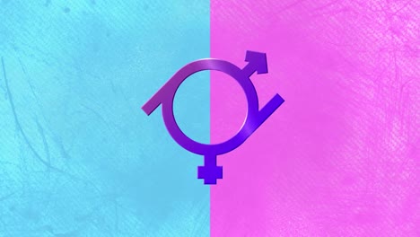 Animation-of-purple-gender-fluid-symbol,-on-pink-and-blue-background