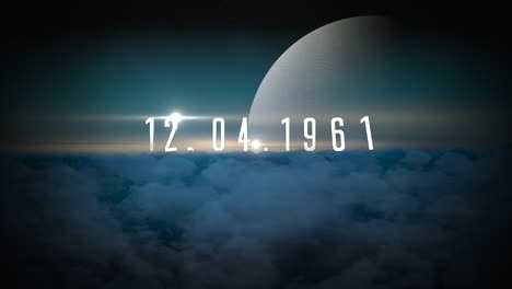 12.04.1961 con planeta y nubes azules en galaxia.
