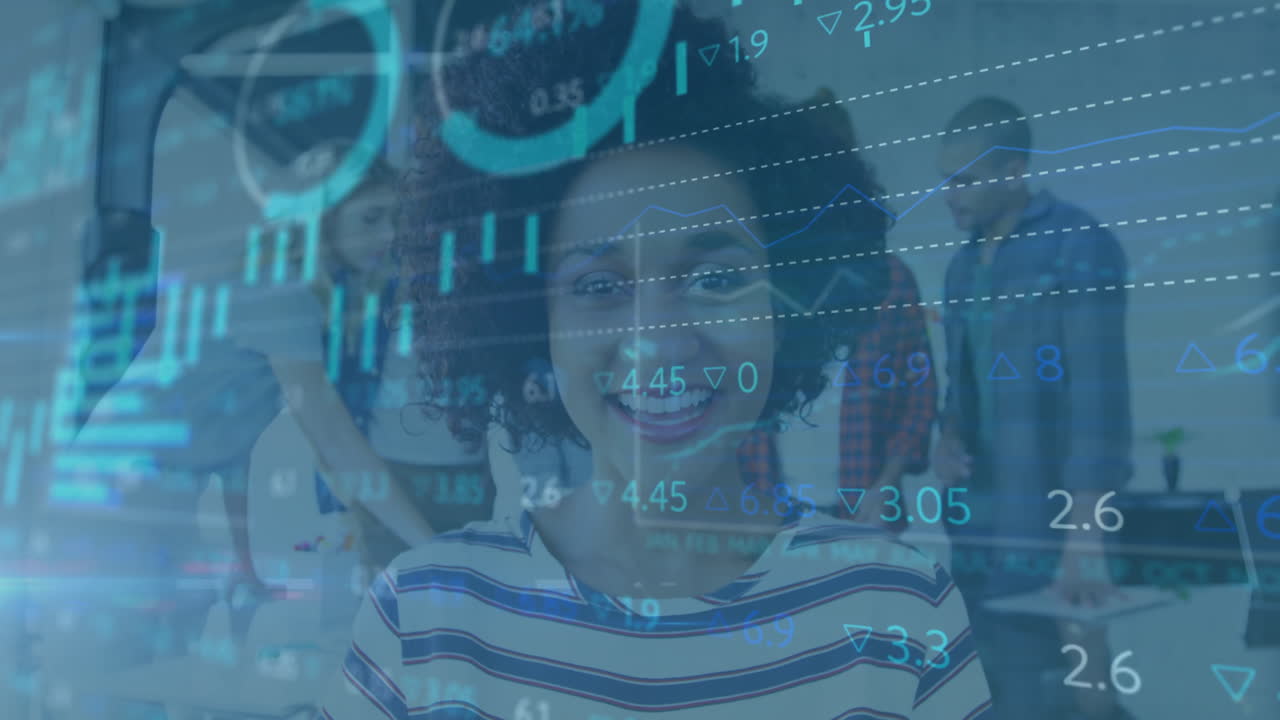 Smiling woman with curly hair overlaid with financial data and graphs animation