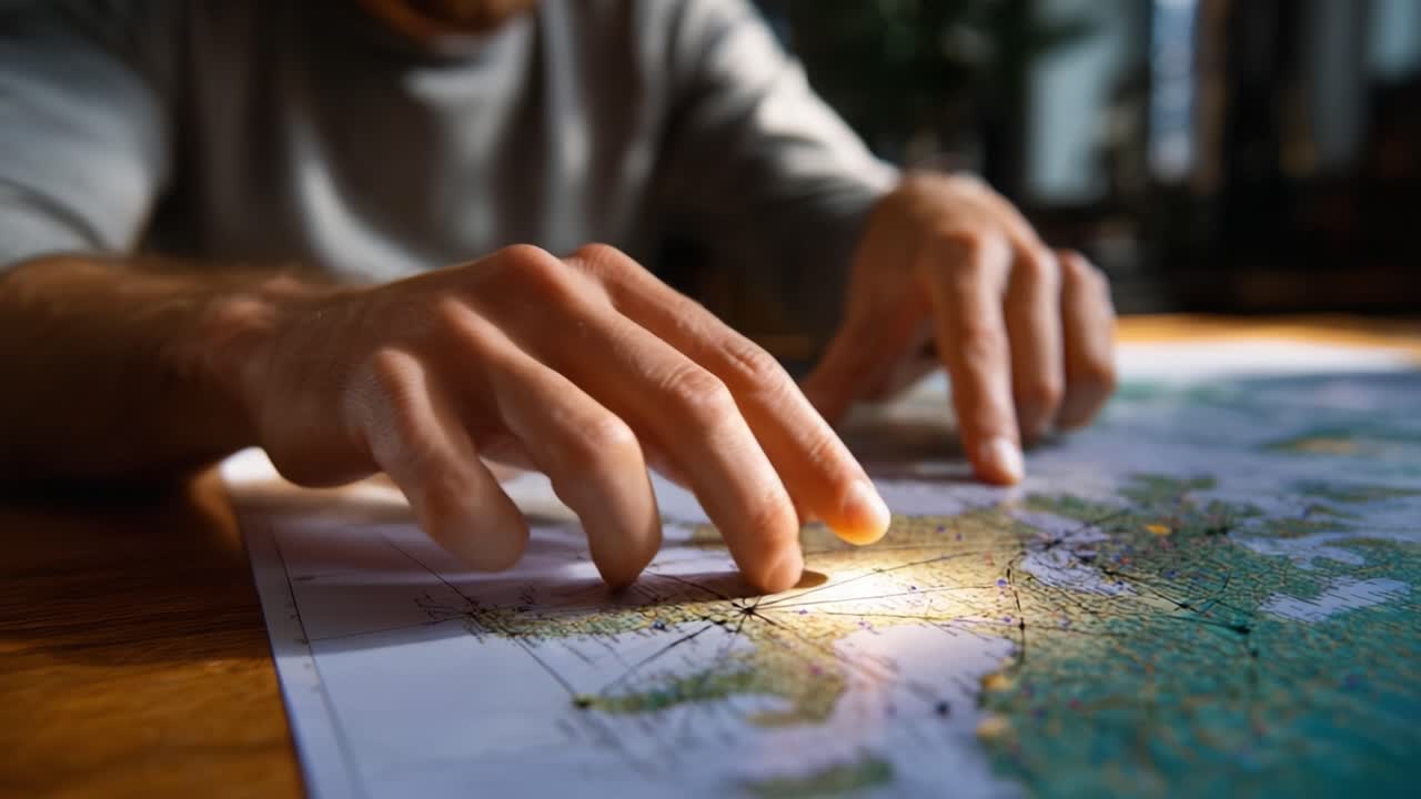Close-up of hands tracing route on detailed map. Fingers point at specific locations, suggesting planning or discovery. Warm light highlights map's texture, creating focused, thoughtful mood