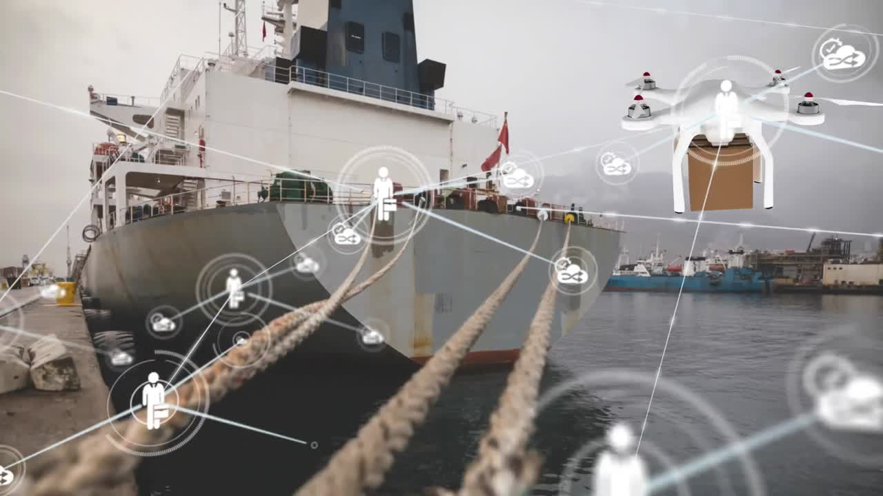 연결된 아이콘의 애니메이션, 카드보드 상자를 운반하는 드론, 항구에 고정된 선박