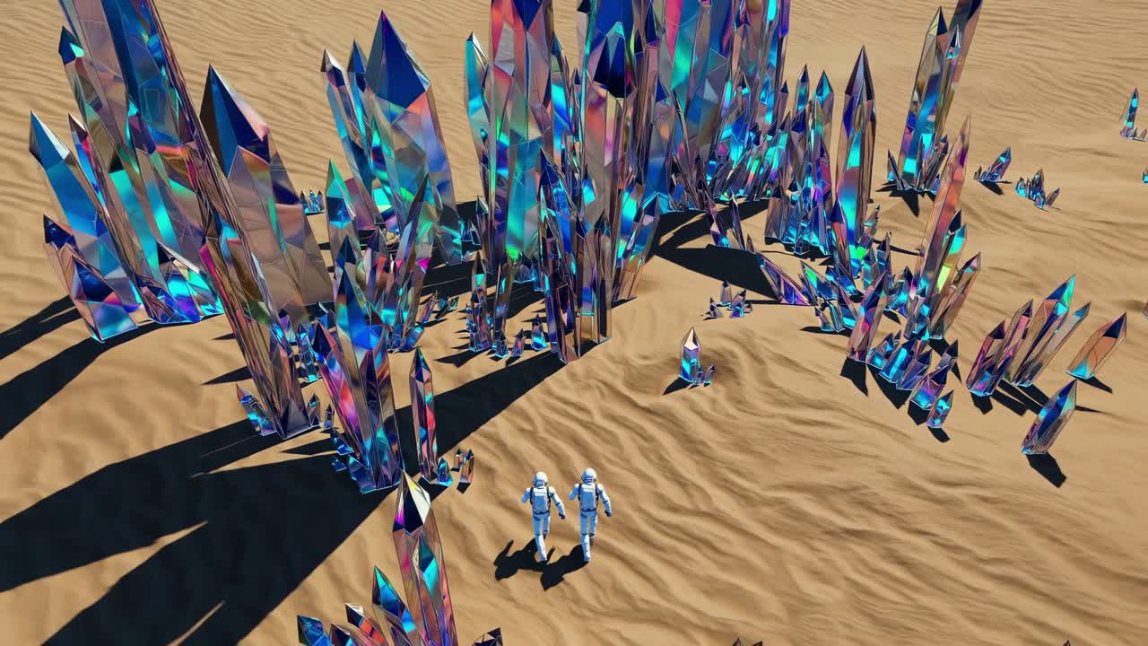 Two astronauts walking on a sandy, otherworldly surface, exploring a landscape of towering, iridescent crystal formations, creating a mesmerizing scene of science fiction and discovery