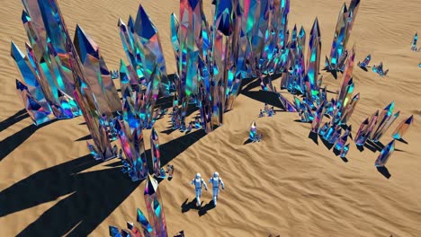 two astronauts walking on a sandy, otherworldly surface, exploring a landscape of towering, iridescent crystal formations, creating a mesmerizing scene of science fiction and discovery