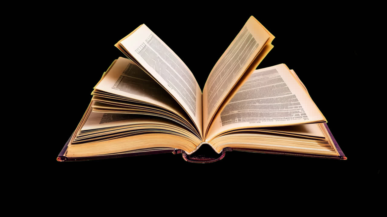 Open book on yellow background animation isolated asset, transparent 4K video, alpha channel, ProRes