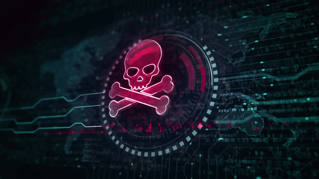 Skull pirate and online cyberattack symbol loop digital concept