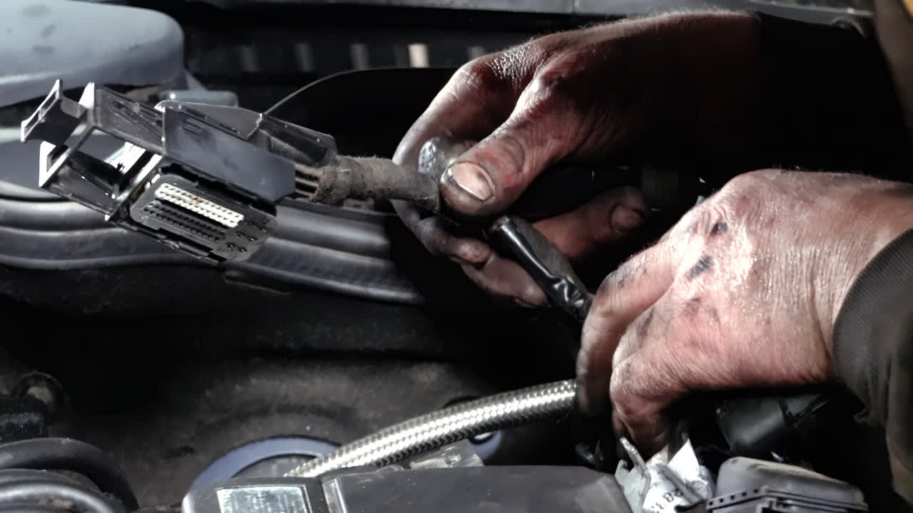 Man with dirty hands working on the engine bay of a car