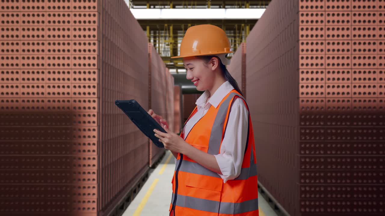 Side View Of Asian Female Engineer With Safety Helmet Working On A Tablet While Standing With Red Brick Packed in Stacks Are Stored