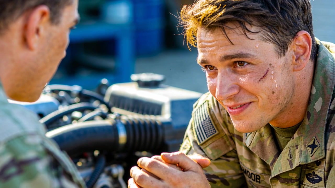 En soldat til venstre taler til en soldat til højre i camouflagetøj, der læner sig og holder hænderne sammen beroligende ved en motor.