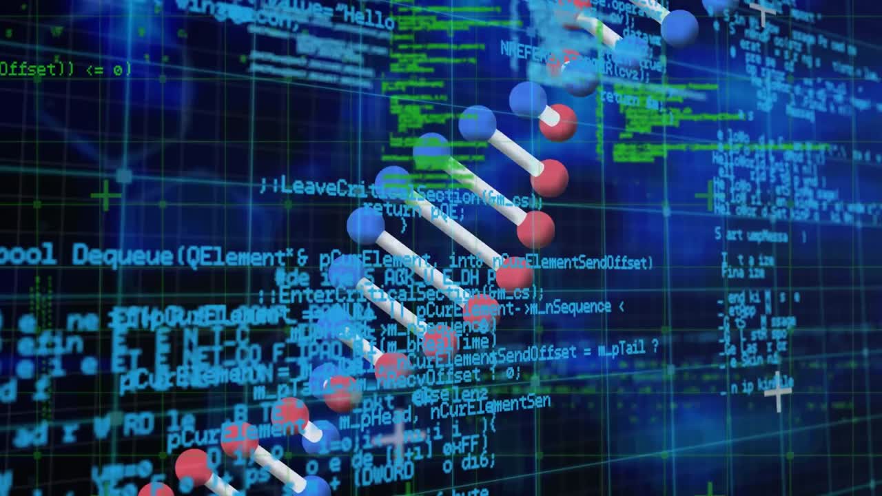 Animation of dna strand and data processing on black background