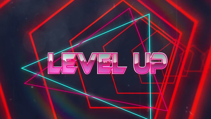 Animation of level up text over neon shapes on black background