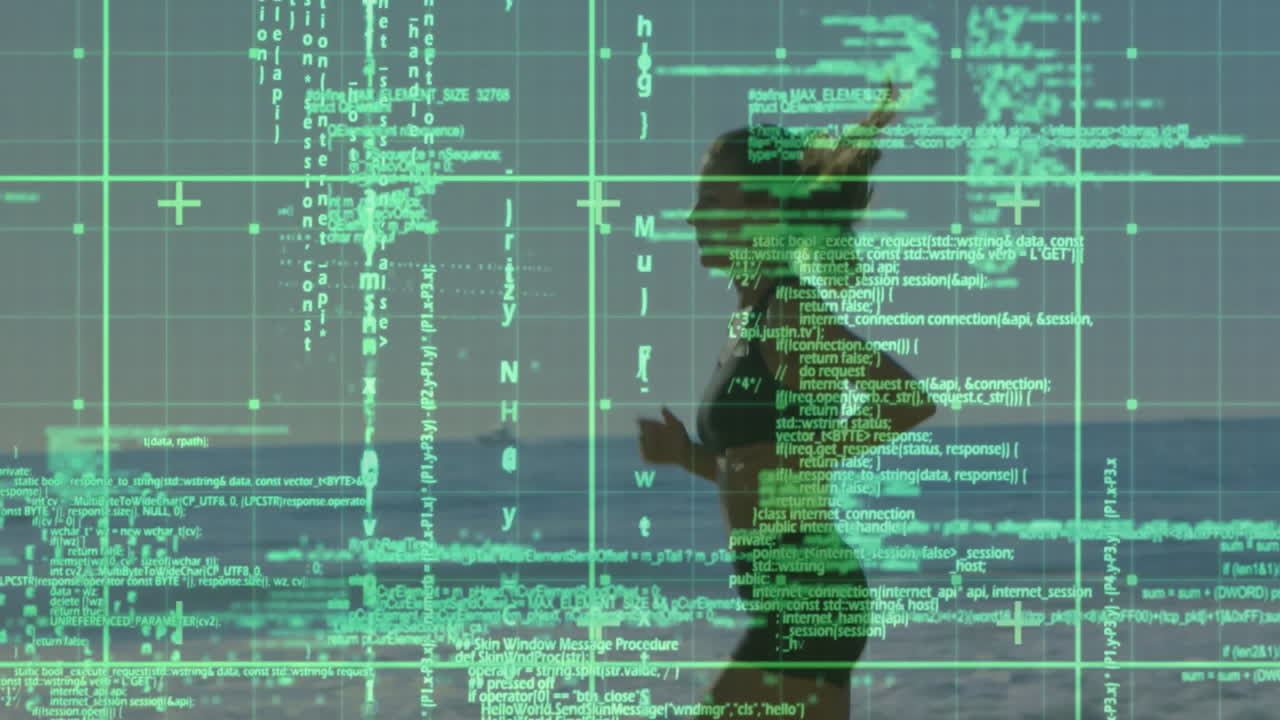 Silhouette of person running over digital code and data processing animation