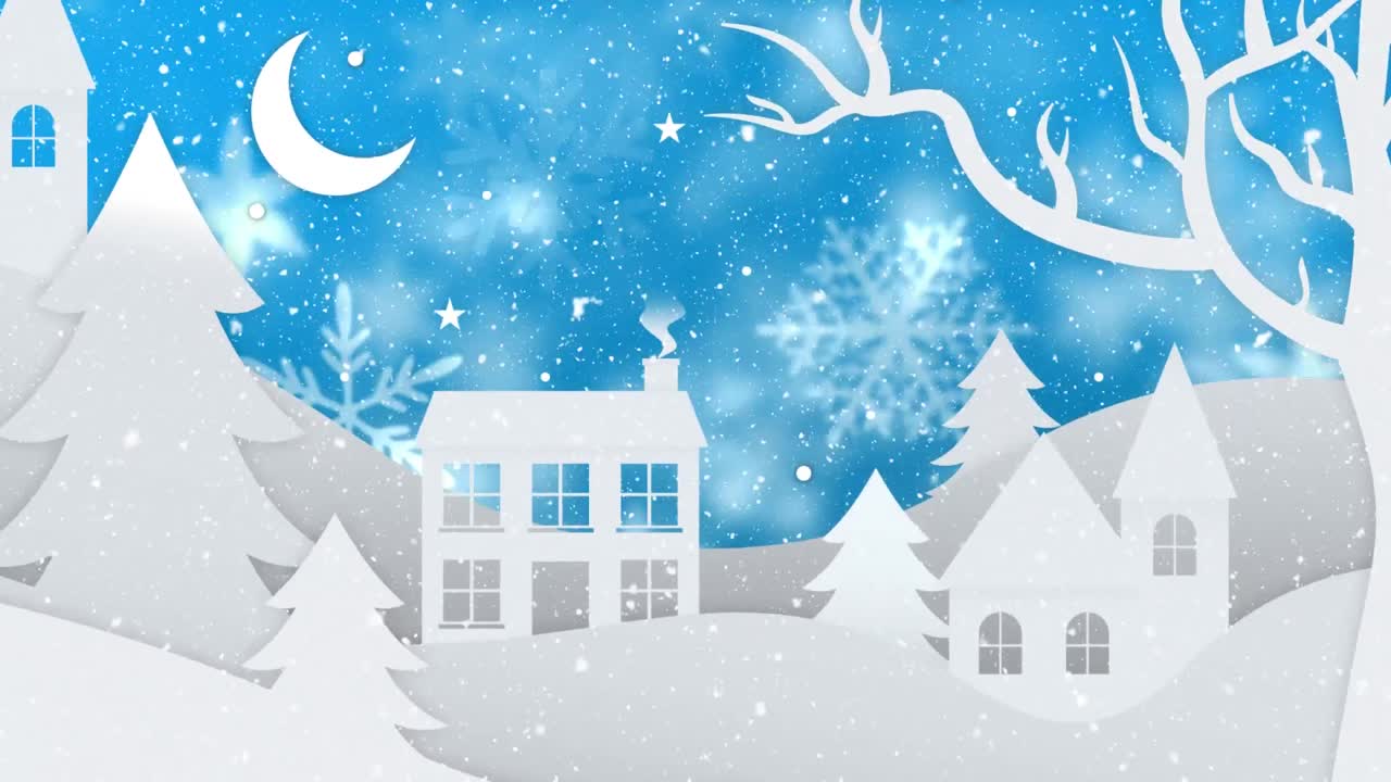 마을 위에 내리는 눈의 디지털 애니메이션