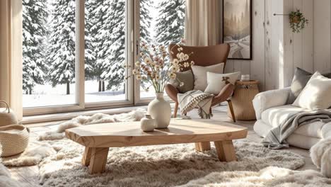 Cozy living room scene transitions with natural light, showcasing a wooden coffee table, plush textures, and a warm ambiance in a winter setting
