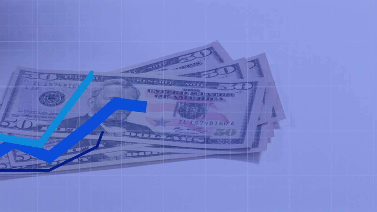 Hand entering, placing US$50 bills, fanning stack while blue lines rising showing market growth