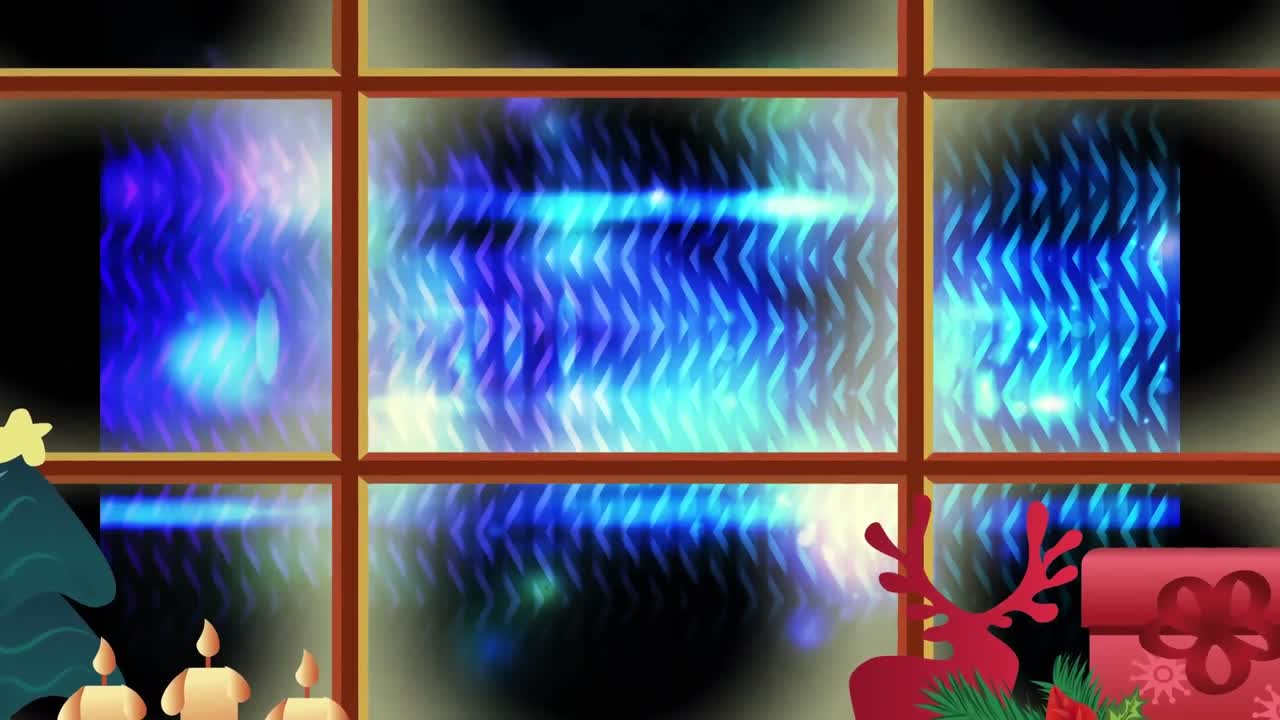 크리스마스 콘셉트 아이콘과 창문 프레임은 파란색 배경에 빛과 빛의 흔적이 있습니다.