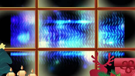 iconos de concepto de navidad y marco de ventana contra puntos de luz y rastros de luz sobre fondo azul