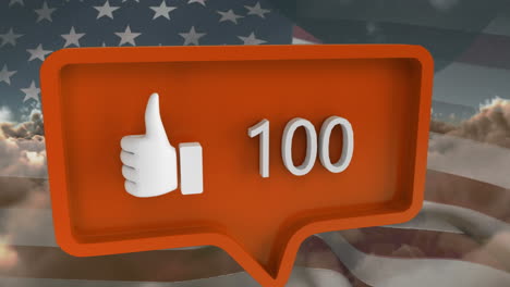 animation of like icon with numbers on speech bubble with flag of usa