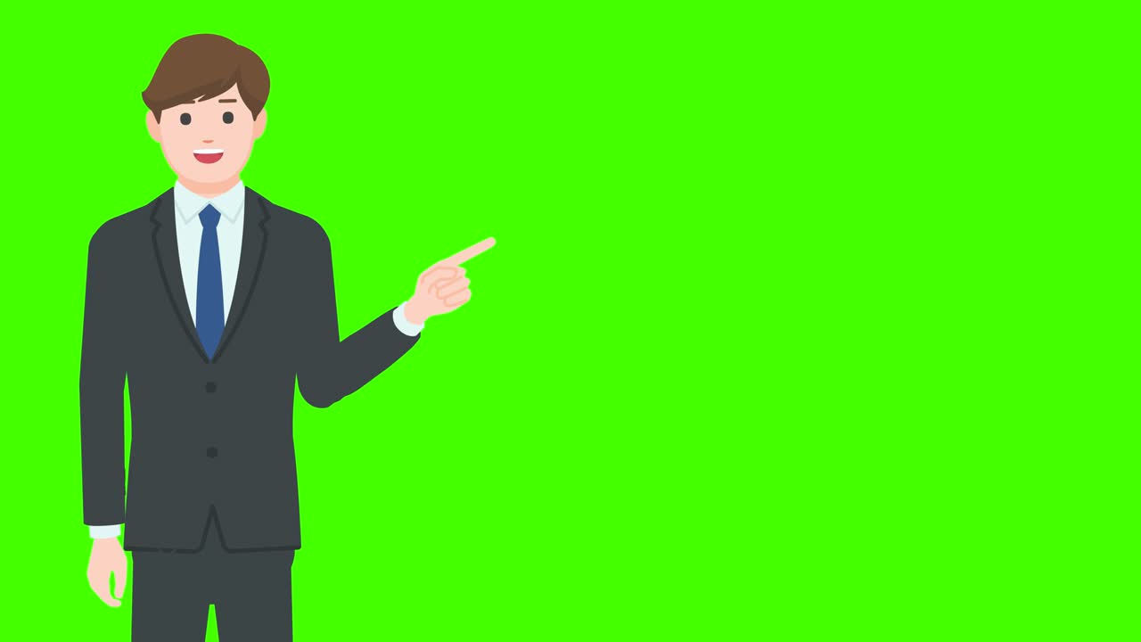 Talking businessman pointing at something isolated on green background