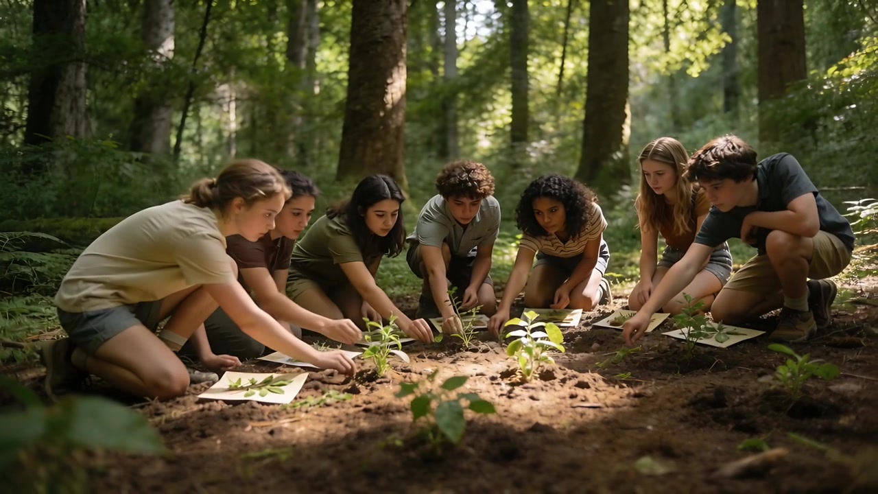 Kneeling seven teenagers examining saplings and leaf specimens at forest clearing, wearing T-shirts
