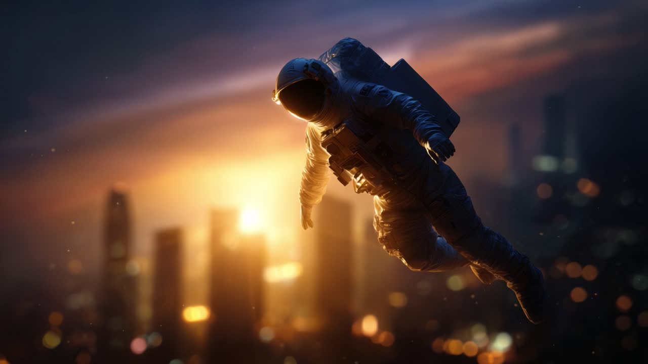 Un astronauta flota en el cielo crepuscular sobre un paisaje urbano futurista, iluminado por el cálido resplandor del atardecer, encarnando el espíritu de exploración y aventura.