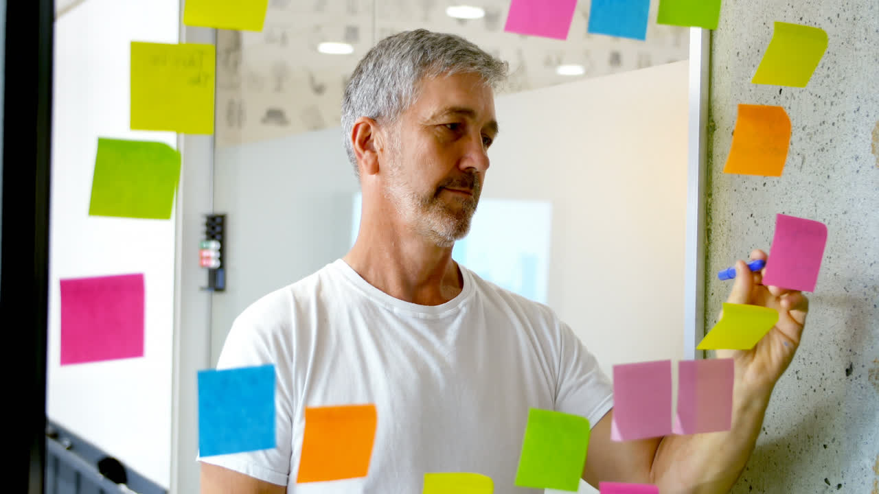 Male executive writing on sticky note on glass wall 4k