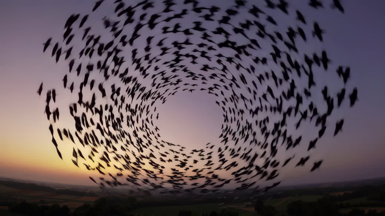 Birds in a Spiral Flight at Sunset