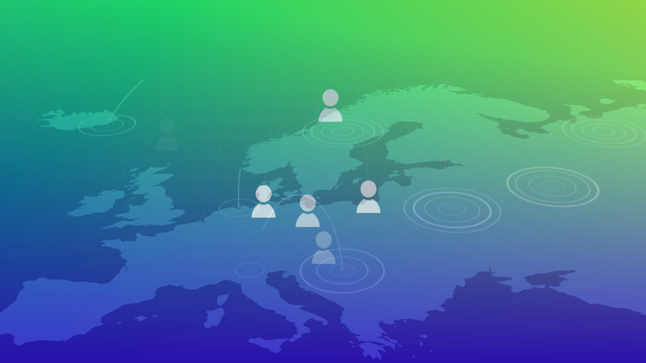 그래디언트 배경에 대한 세계 지도 위에 떠다니는 프로파일 아이콘과 박동하는 원의 애니메이션