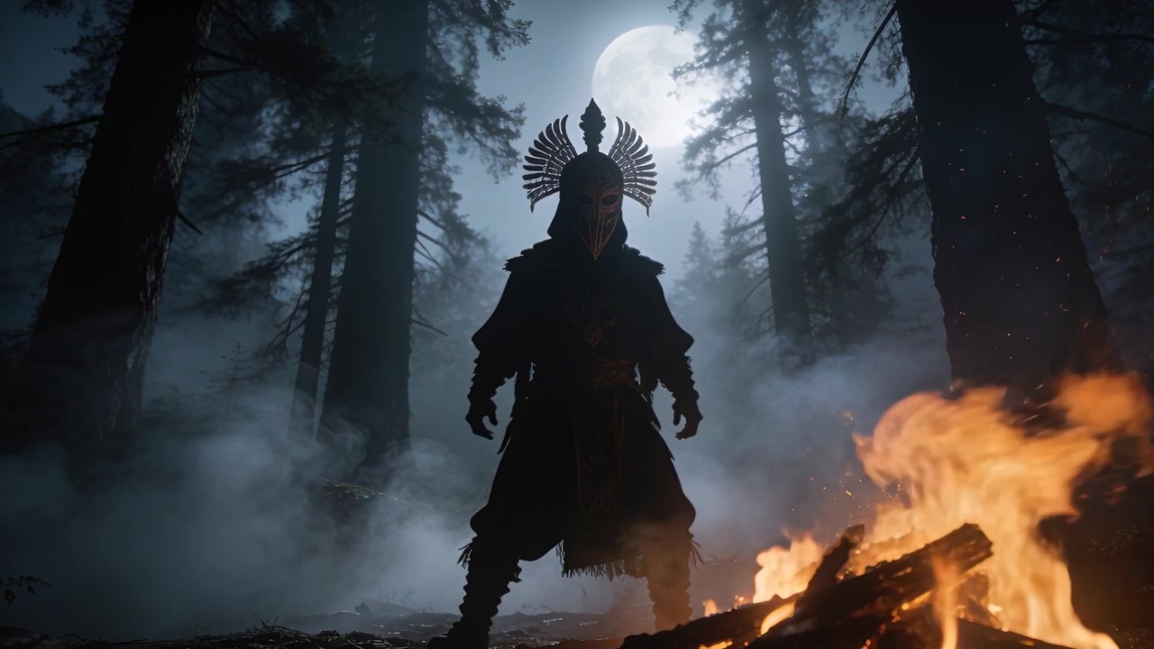 Falò tremolante che scintilla, figura in controluce in piedi, a guardia di una radura nel bosco di notte, con una corona che le fa da aureola.