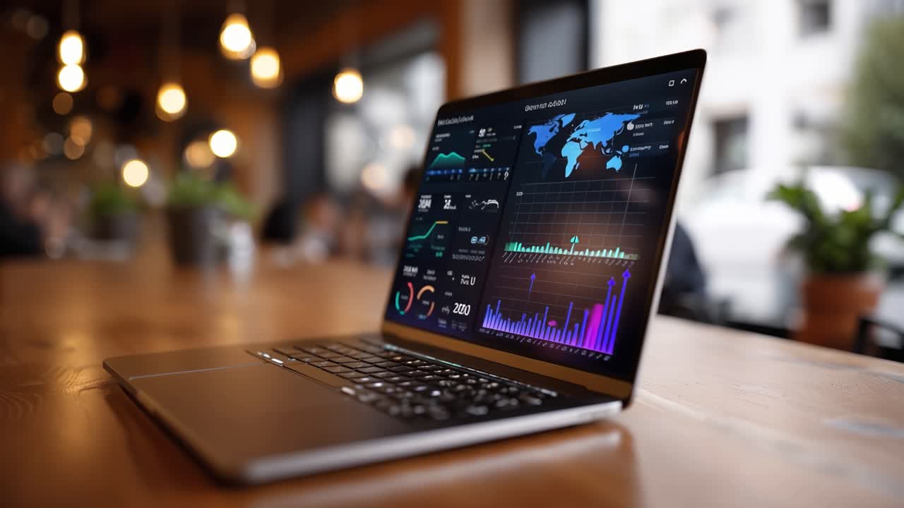 Laptop Displaying Data Visualization and Analytics in a Modern Workspace, Showcasing Colorful Graphs and Statistics for Business Insights and Operations