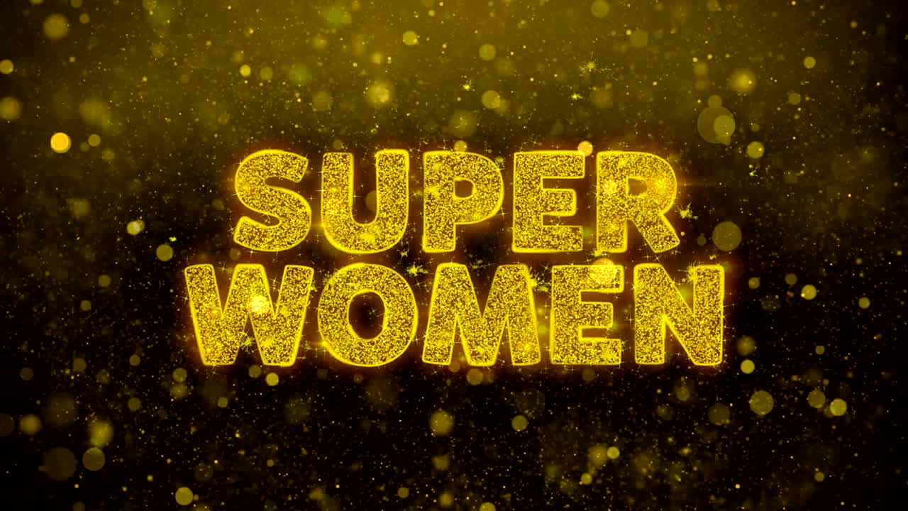 las mujeres súper texto en el brillo dorado brillan partículas de animación.